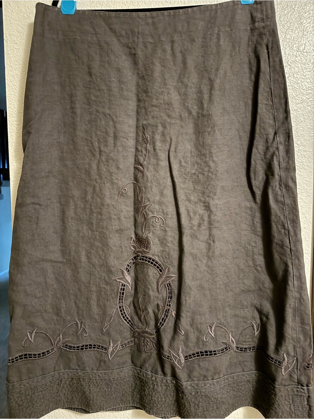 CAbi Dark Brown Linen-Blend Midi Skirt with Embroidered Cutwork